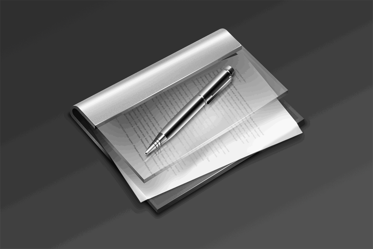 A skeuomorphic icon showing a binder full of notes along with a ballpoint pen, designed by Emanuel