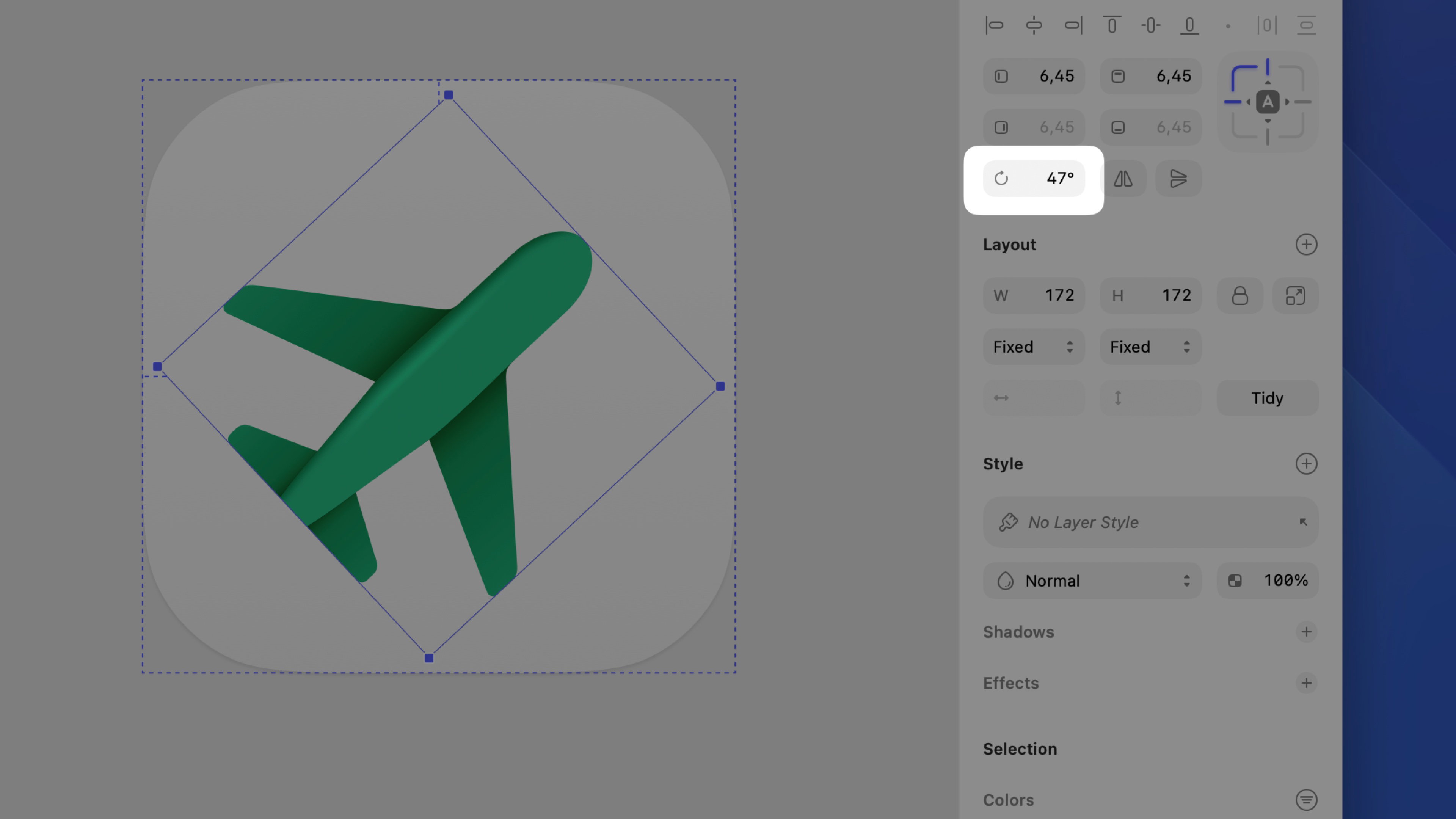 A layer selected on the Canvas showing the rotation value in the Inspector