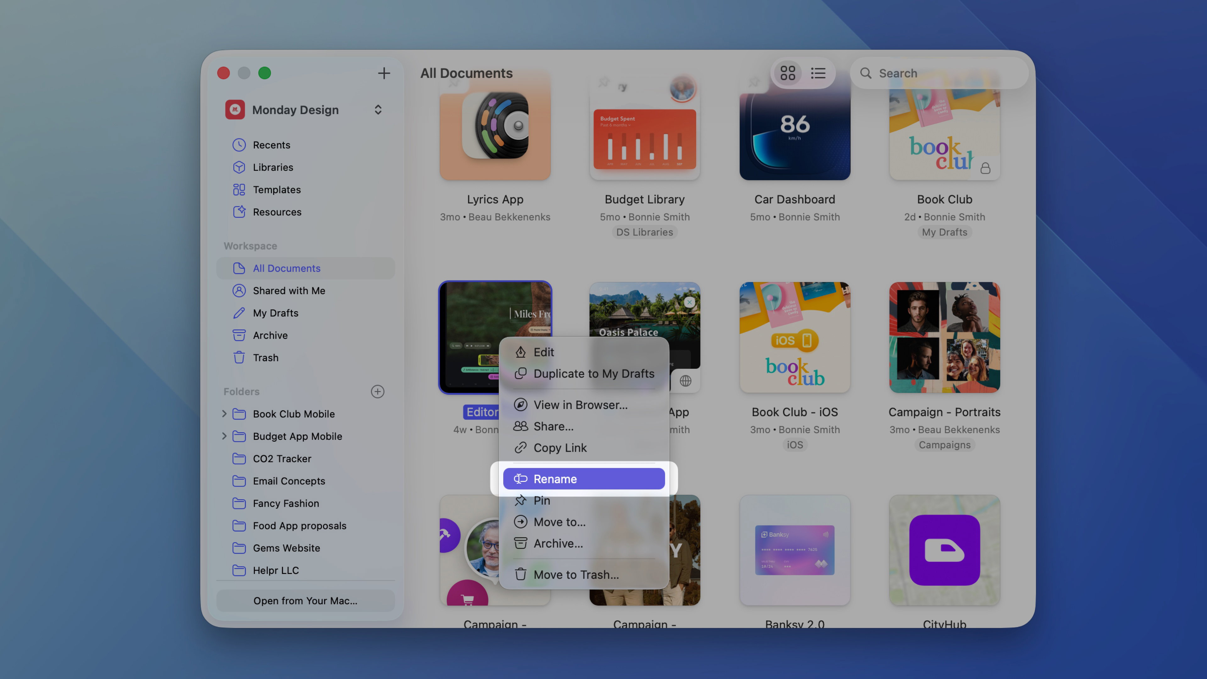 An image showing how to rename a Workspace document in the Mac app