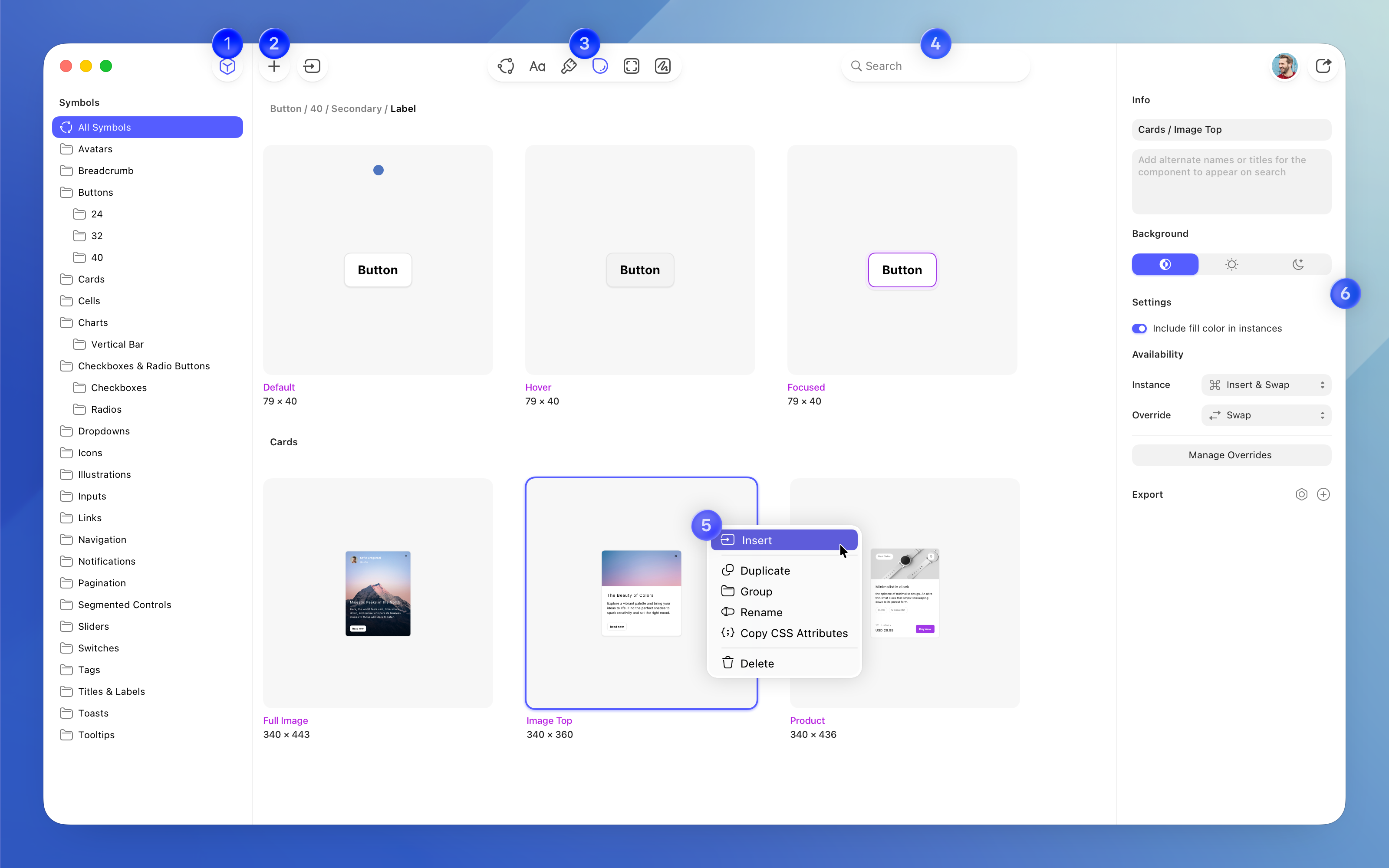 An annotated image showing the different parts of the Components View.