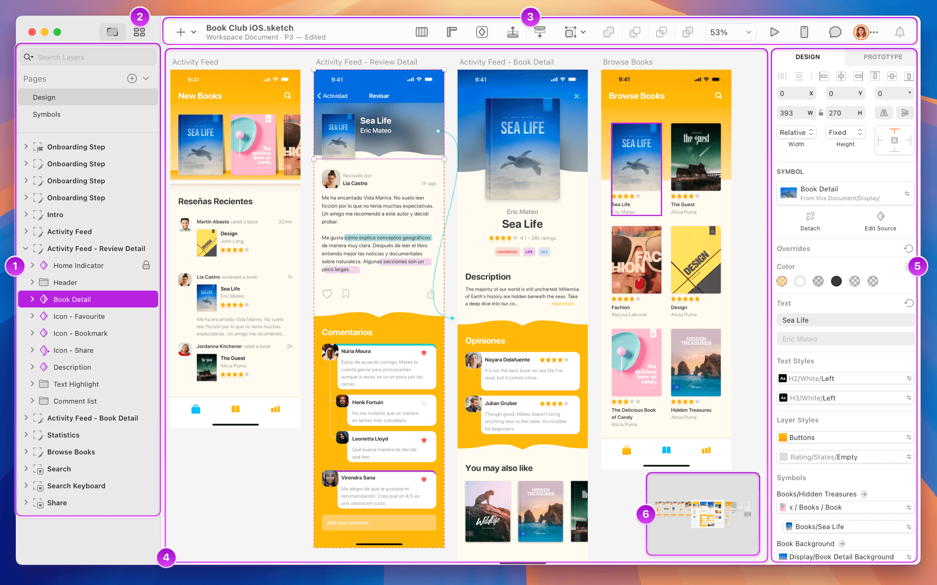 An annotated image showing the Mac app interface.