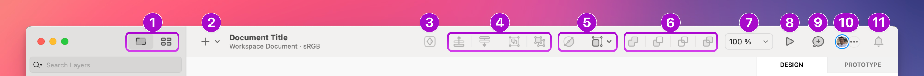 An annotated image showing the default toolbar options in the Mac app