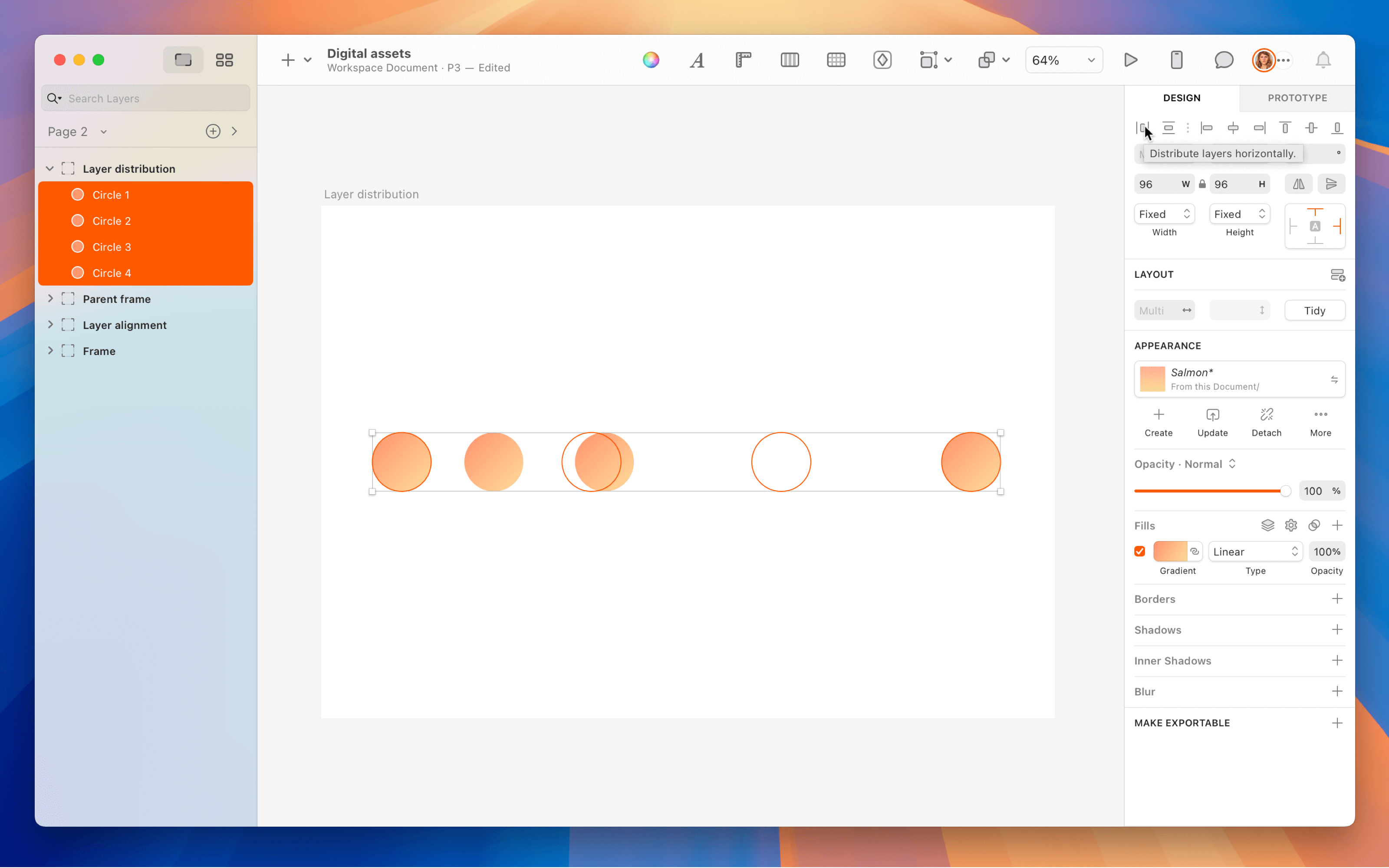 An image showing horizontal distribution applied to multiple layers (v91 August 2022)