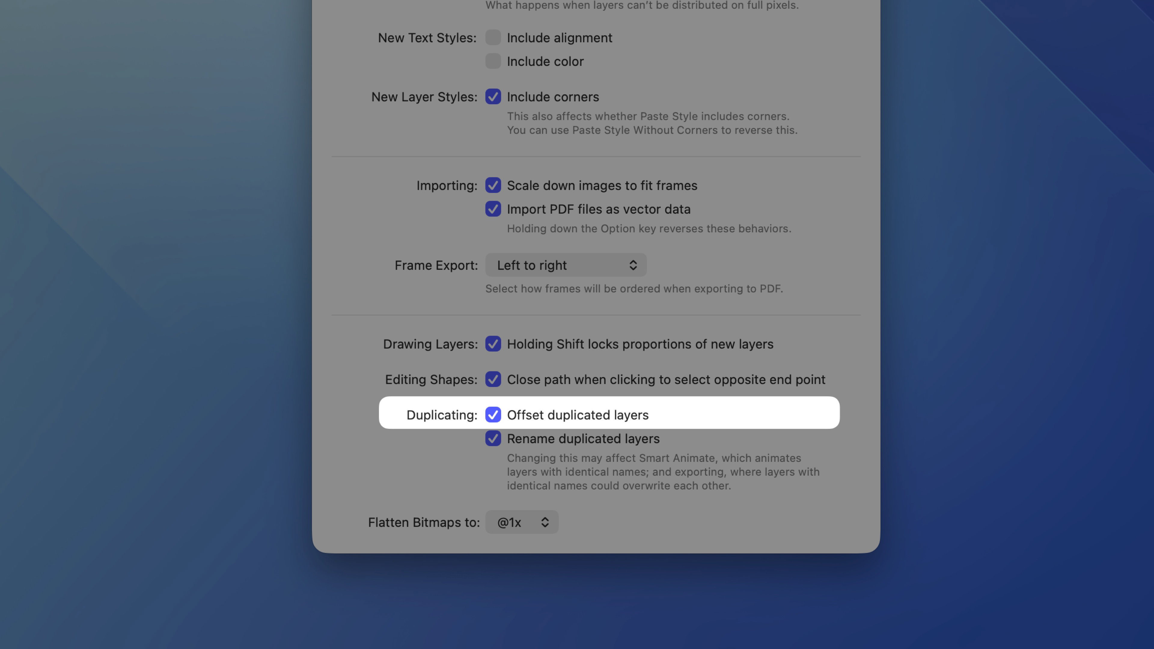 The Offset duplicated layers option in Sketch Settings