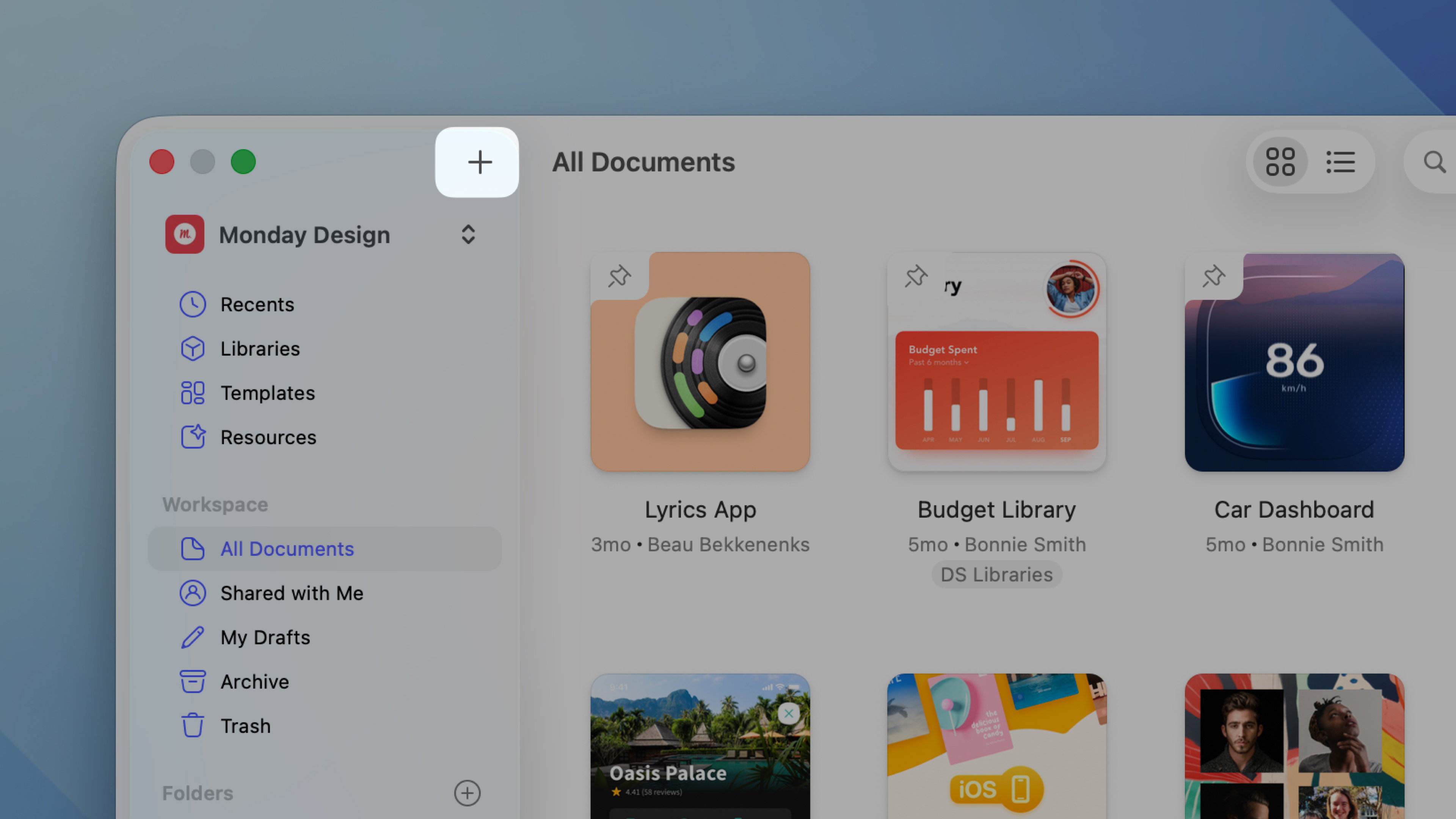 An image showing how to create new documents from Sketch’s Workspace window