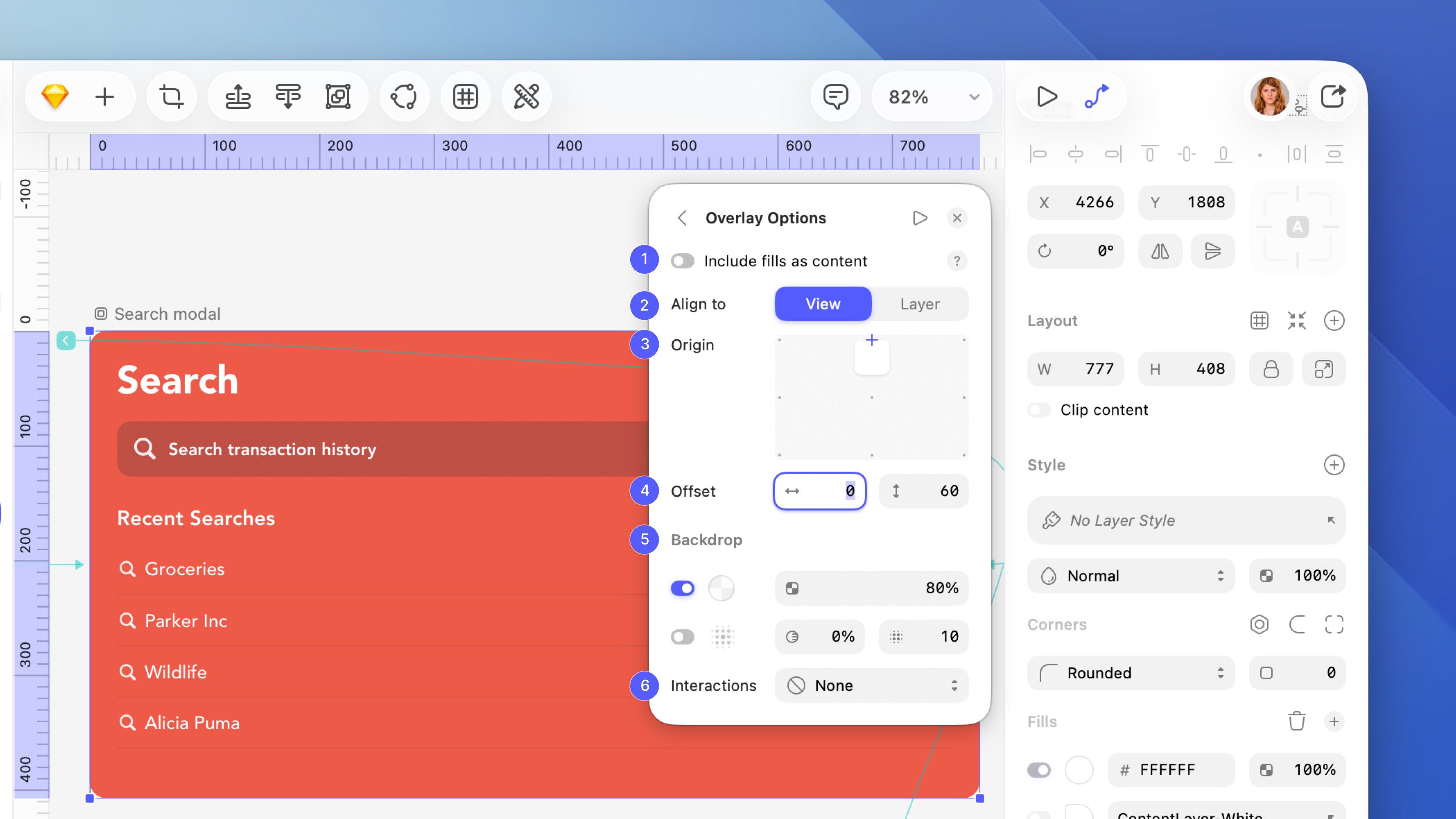 An annotated image showing the Overlay Options panel in Sketch