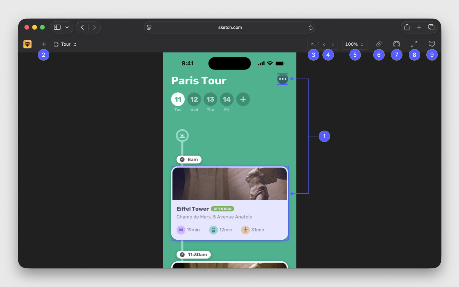 An annotated image showing prototype preview controls in the web app