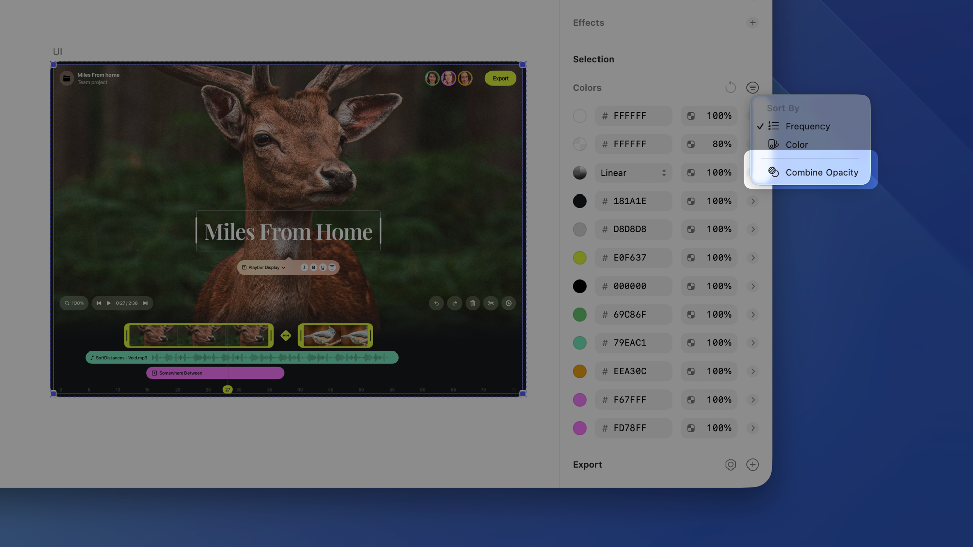 A screenshot showing the Combine Opacity option in the Colors section filter menu.