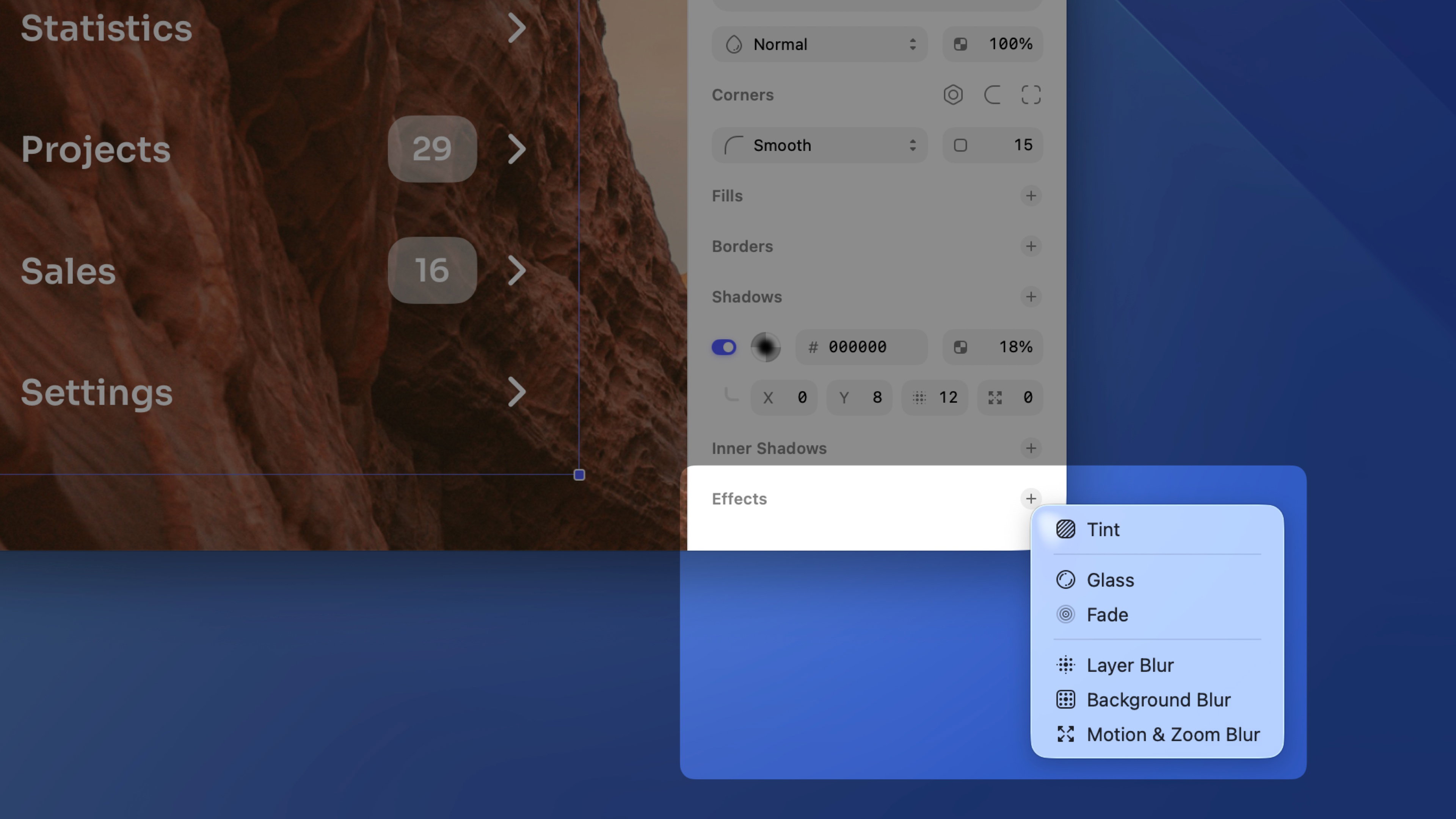 An image showing the add button next to Effects in the Inspector