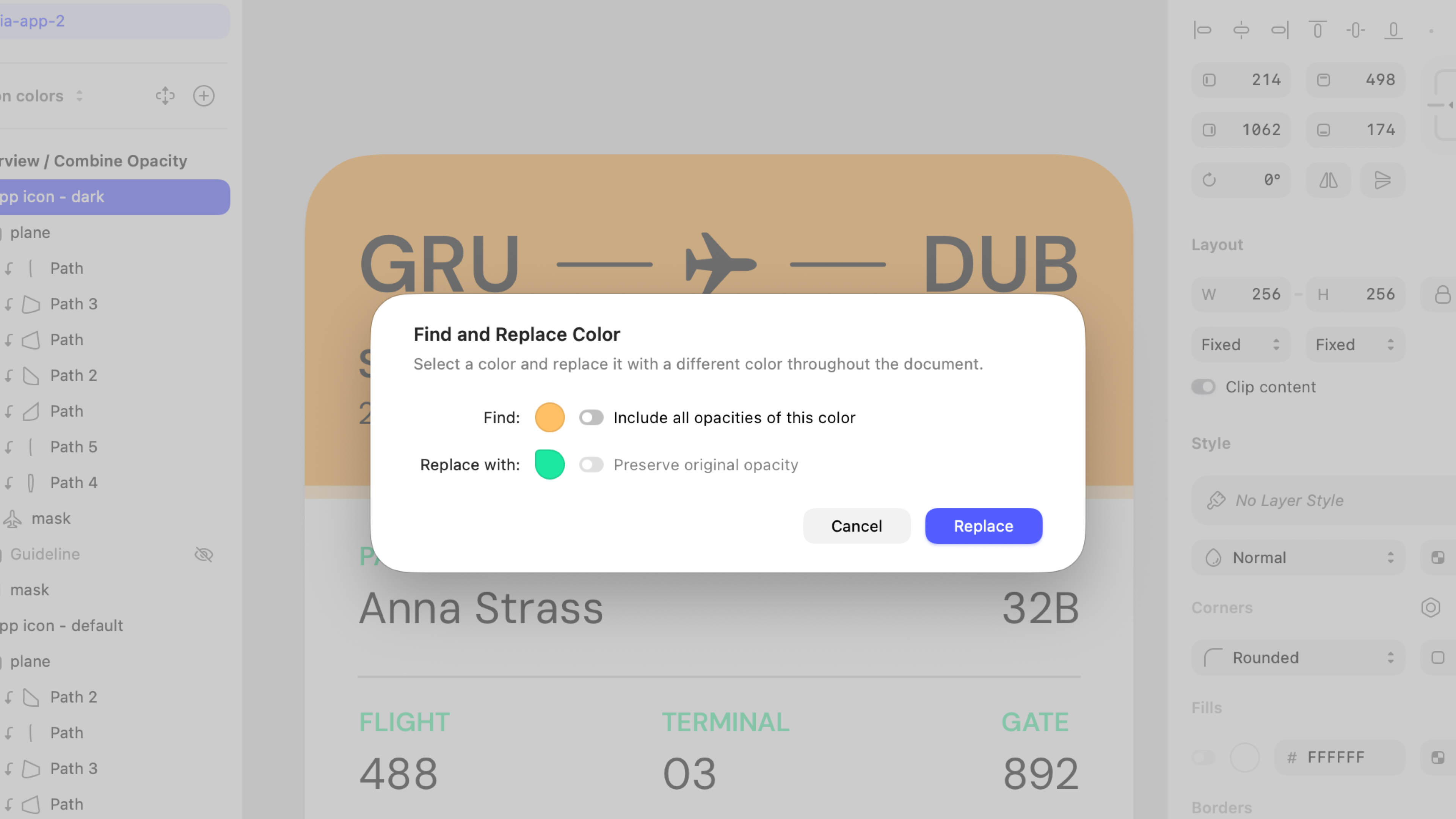 An image showing the Find and Replace Color sheet in Sketch