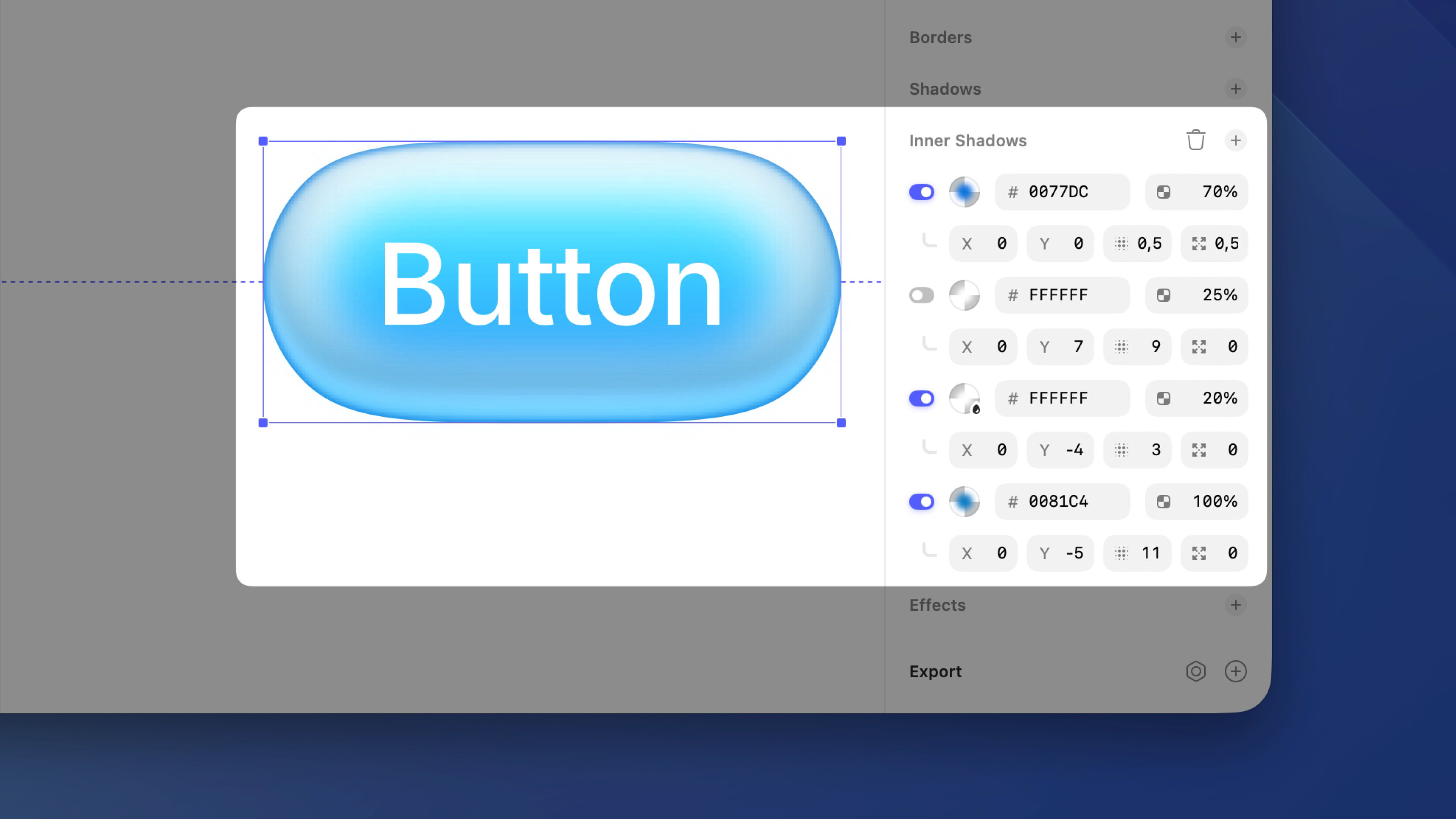 An image showing multiple inner shadows and their settings in the Inspector