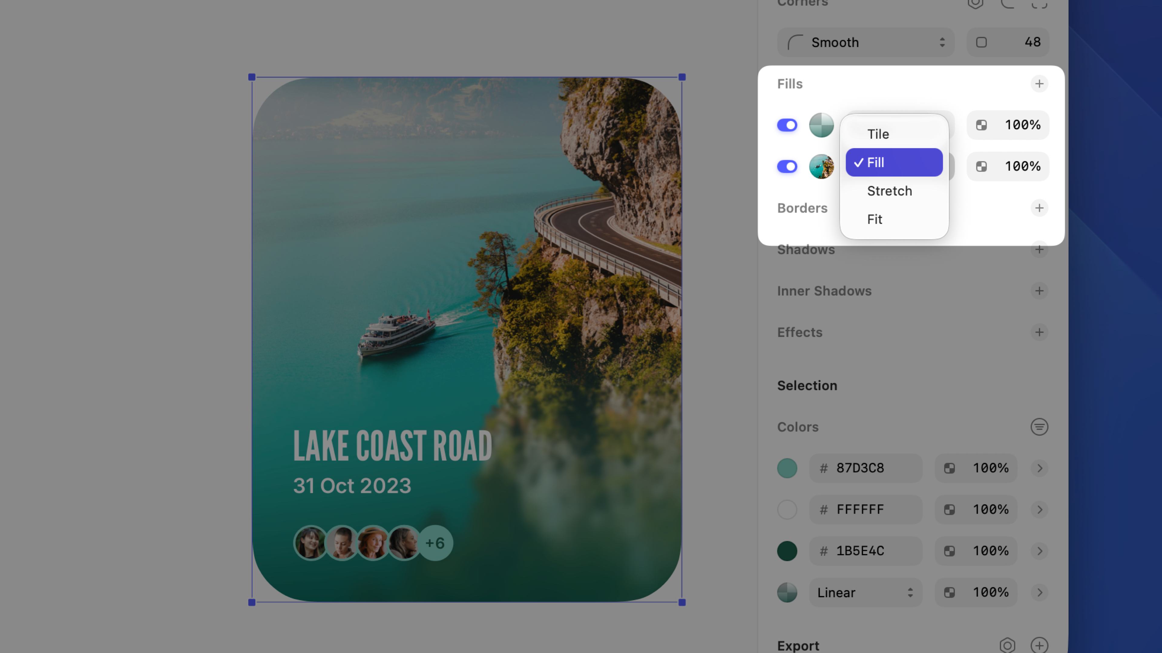 Four examples showing the Fill, Fit, Stretch, and Tile scaling modes applied to the same image