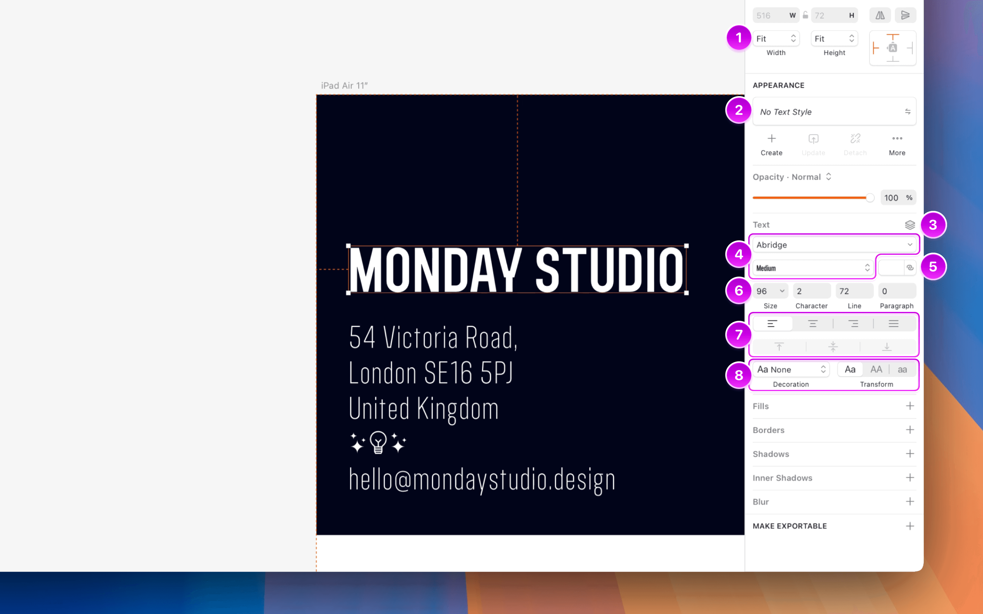 An annotated image showing text formatting options in the Inspector