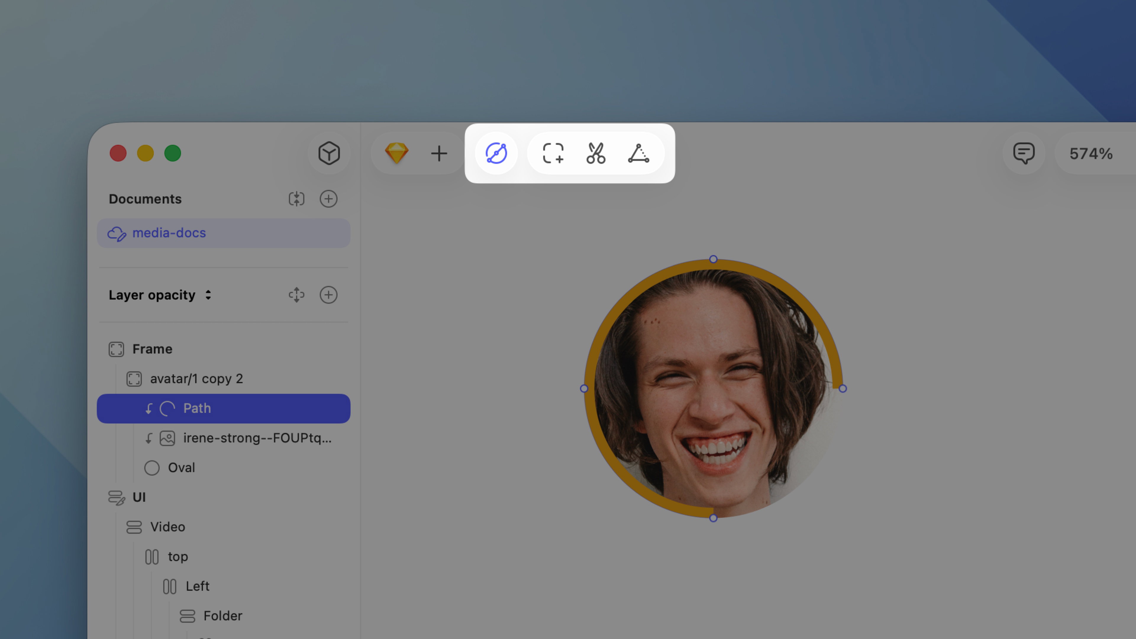 An open circular path in Sketch, with the Close Path button visible in the toolbar